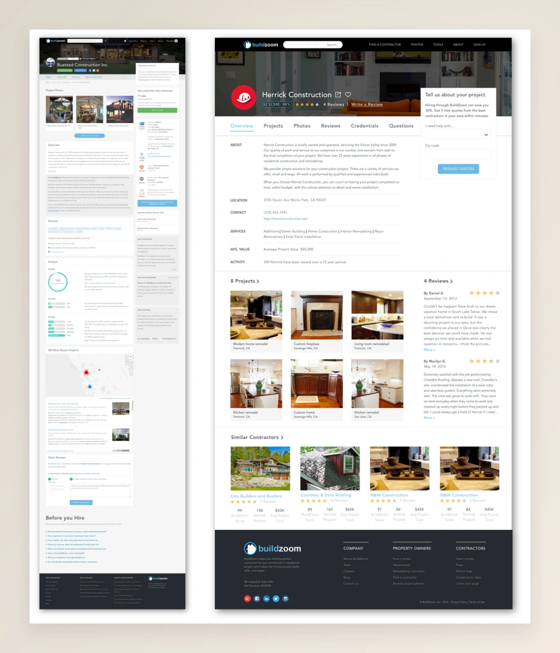 Two BuildZoom contractor profile interfaces side by side