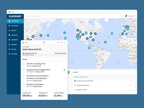 Flexport shipment tracking with a global map, route milestones, and shipment details