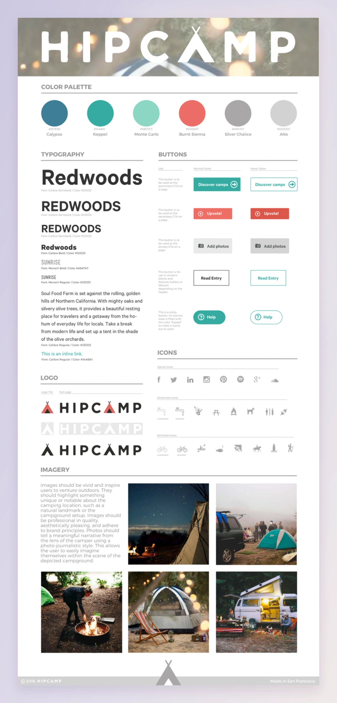 Hipcamp style guide with color palette, typography, buttons, logos, icons, and camping photography