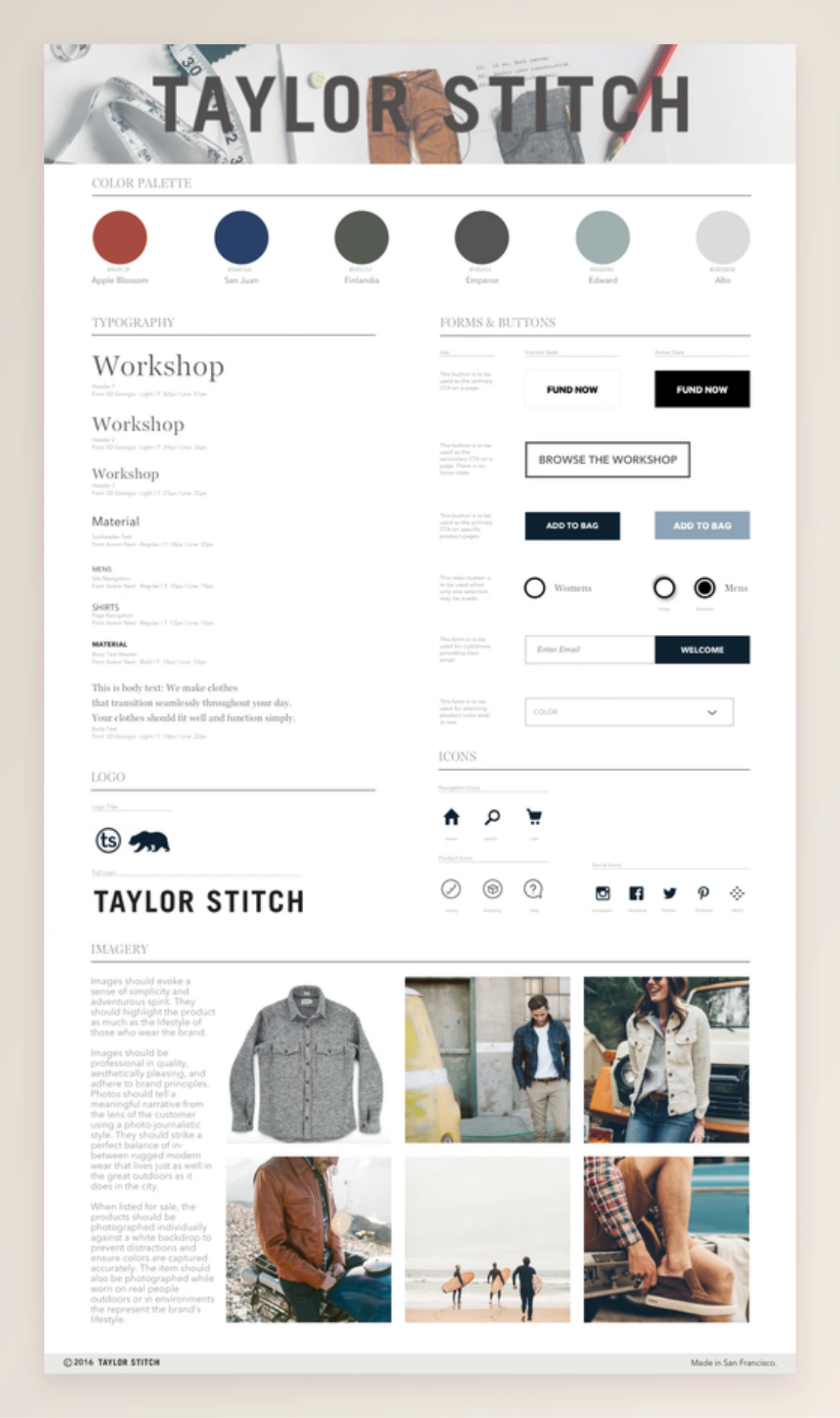 Taylor Stitch style guide with typography, colors, interface controls, logos, and apparel photography
