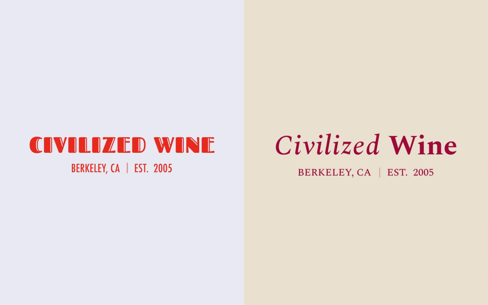 Two Civilized Wine identities side by side: a bold red wordmark and a burgundy serif wordmark