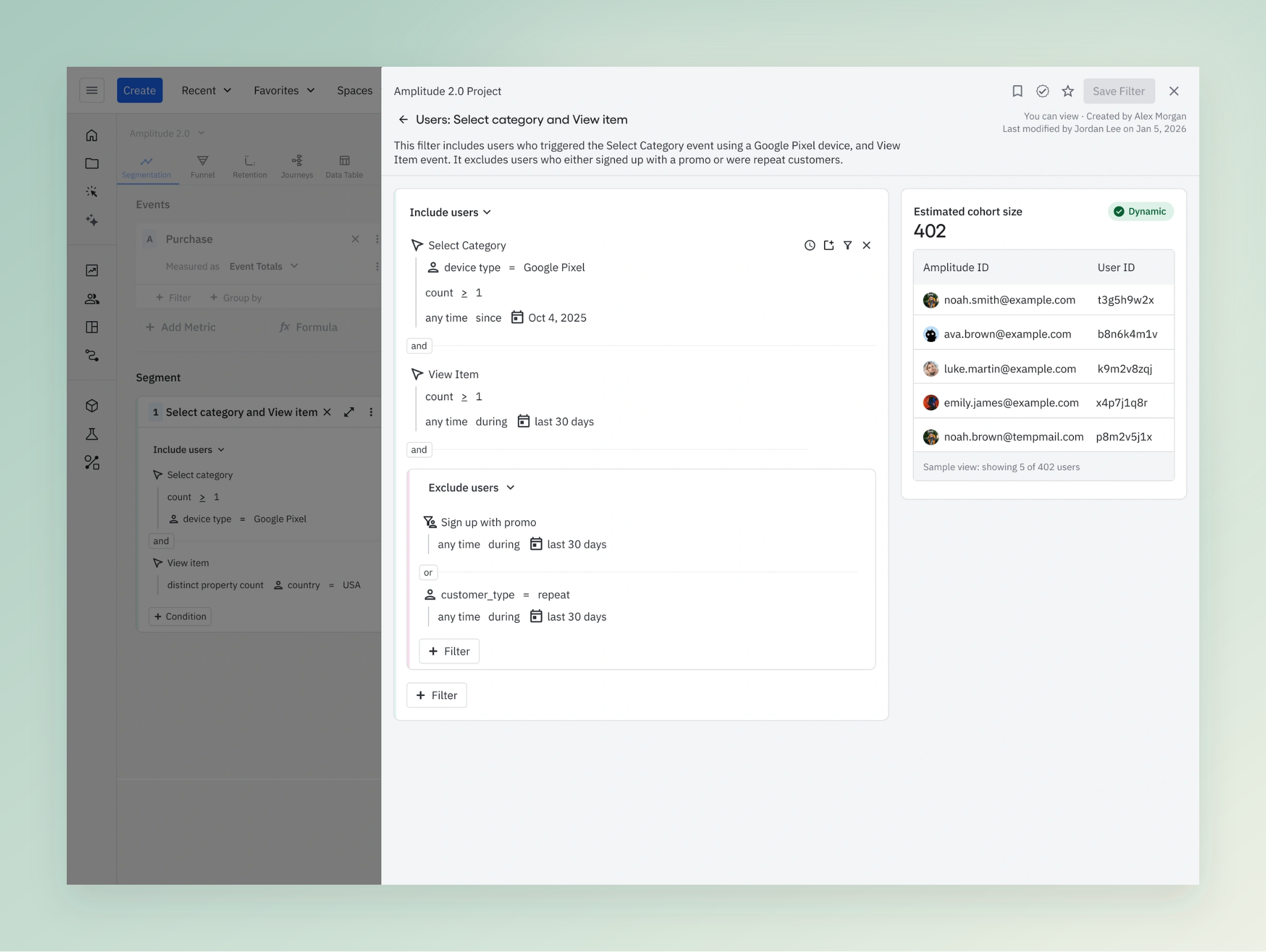 Cohort conditions and a preview of matching users, side by side