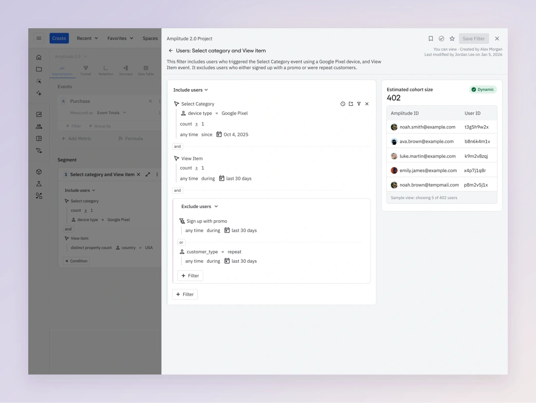 Cohort conditions and a preview of matching users, side by side