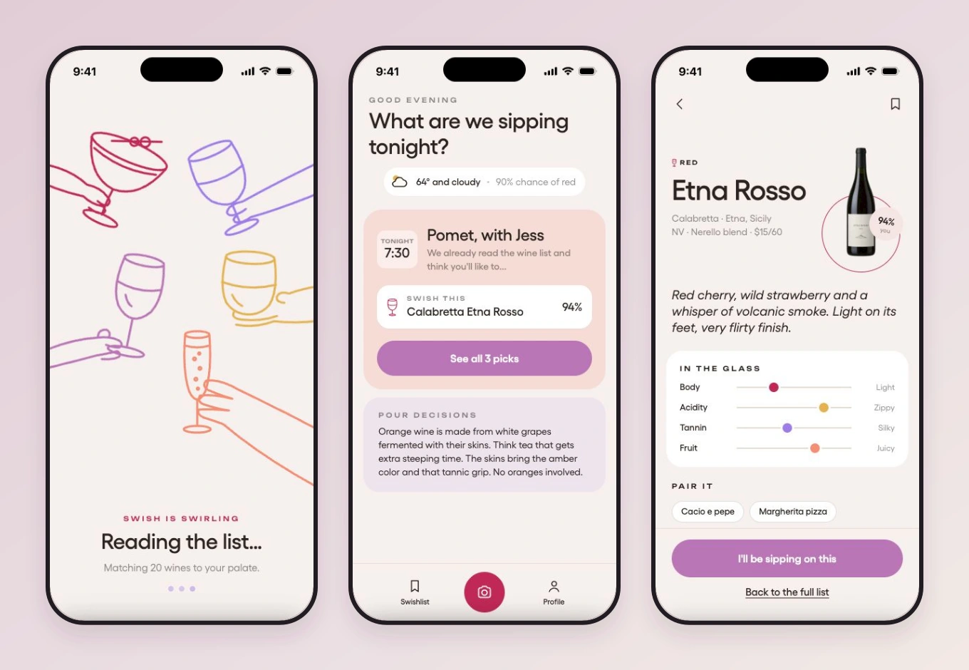 Swish loading illustration, home, and wine detail in minimal iPhone devices