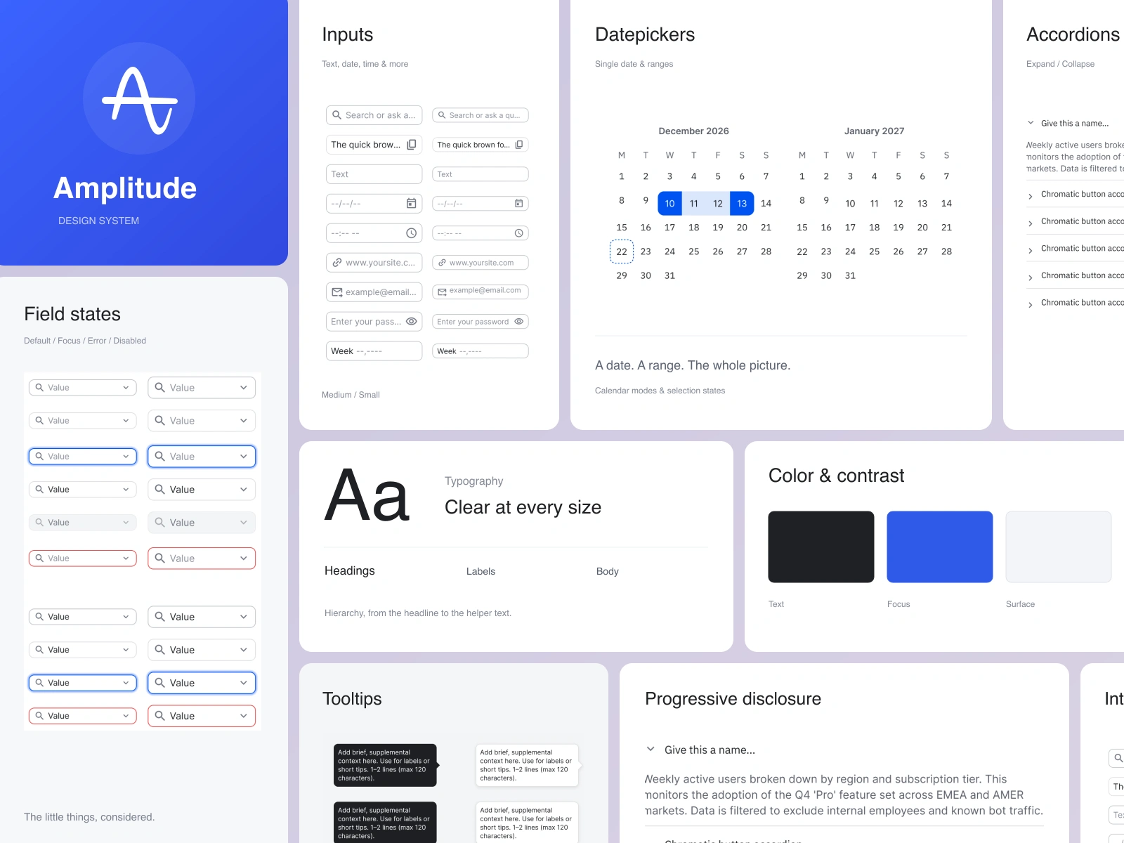 Input, datepicker, accordion, and tooltip components from Amplitude’s design system