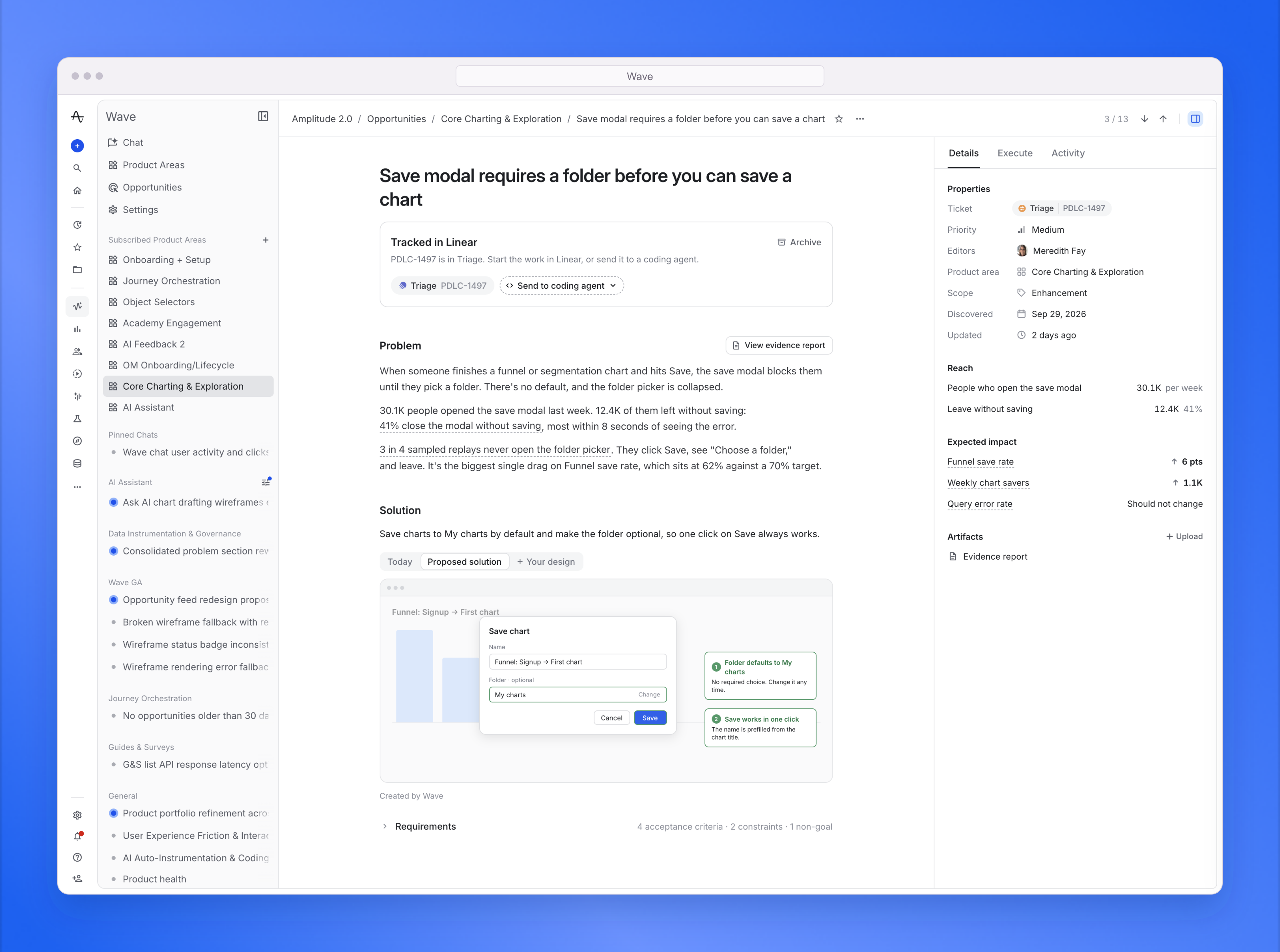 Wave opportunity screen in a browser, showing the problem, proposed solution, and opportunity details