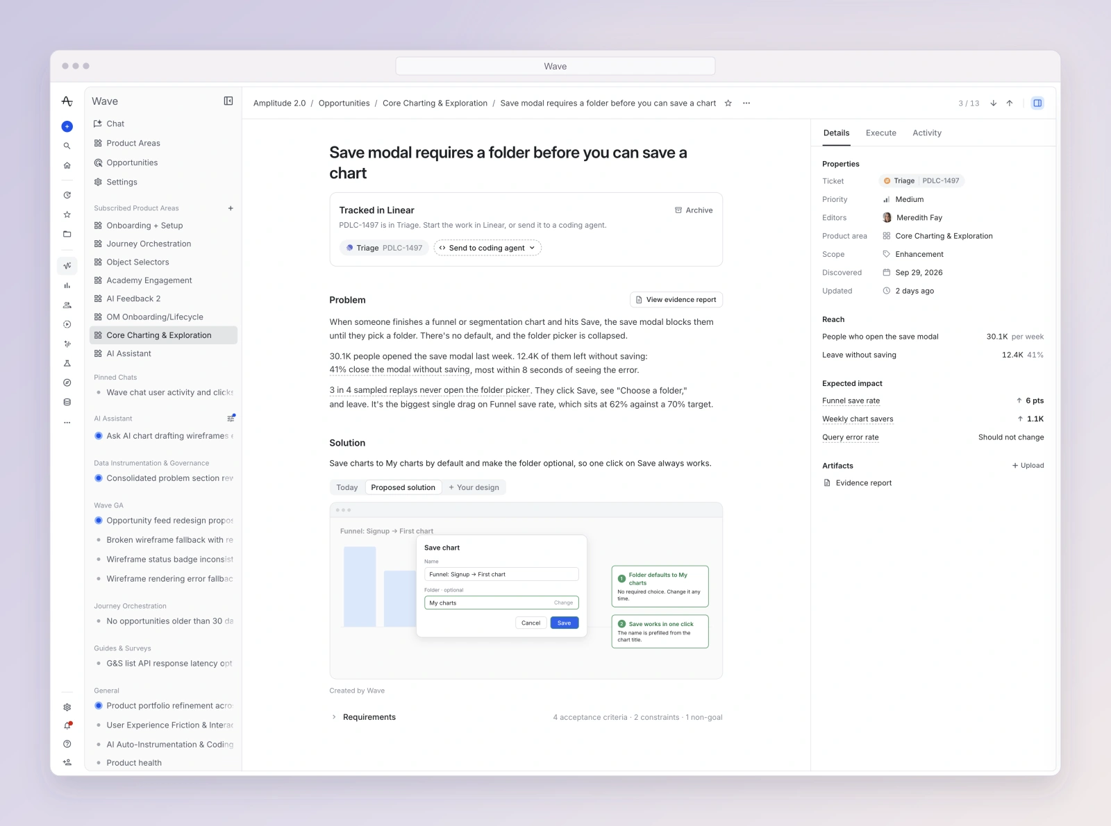Wave opportunity screen in a browser, showing the problem, proposed solution, and opportunity details