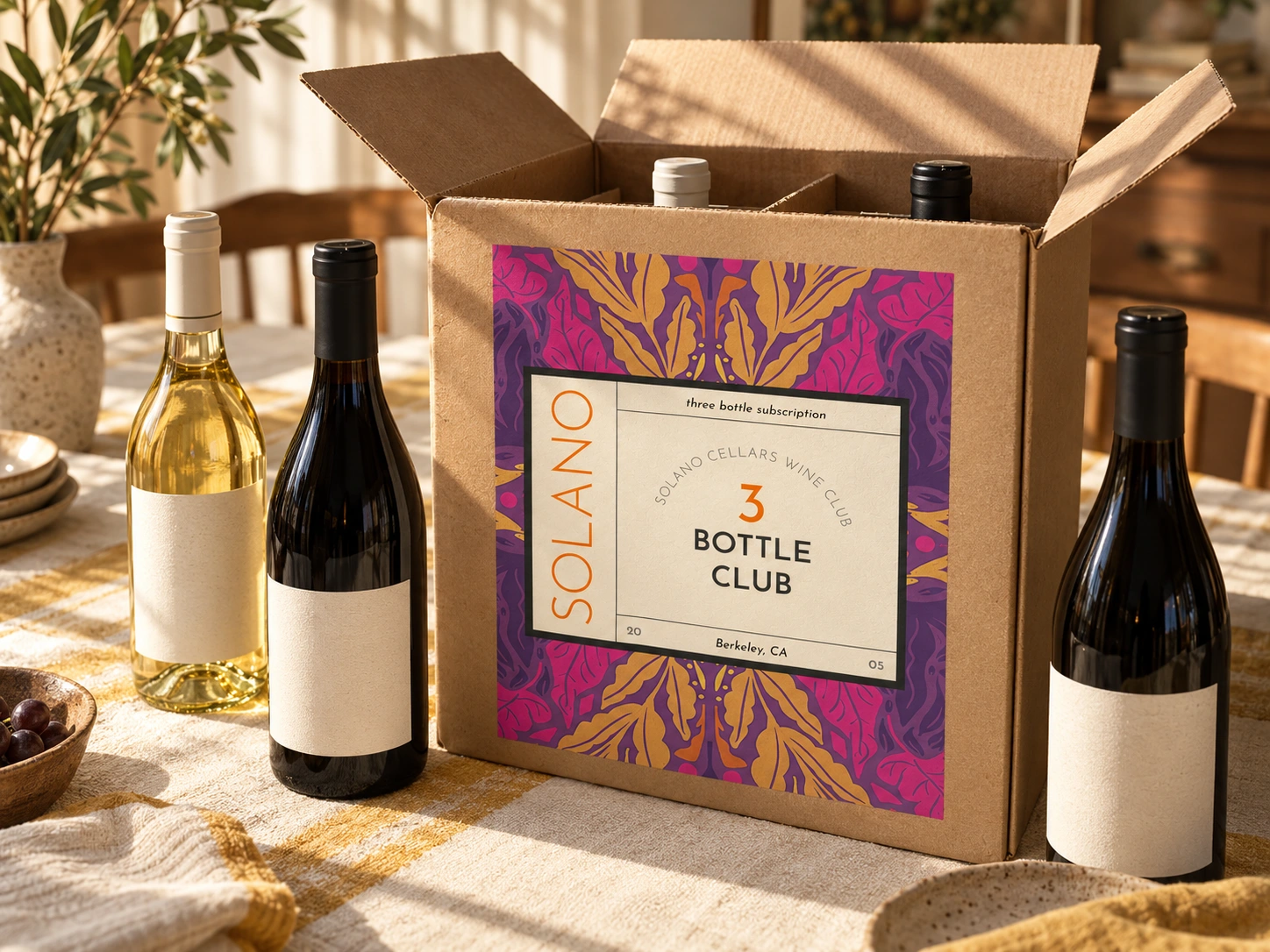 Solano Cellars three-bottle club label on an open wine shipping box in warm window light