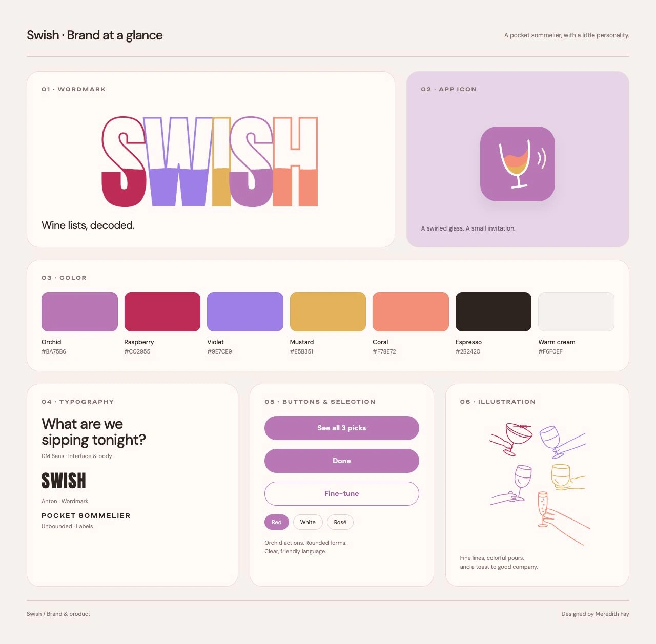 Swish branding one-pager showing the app icon, colorful wordmark, seven brand colors with hex values, DM Sans, Anton and Unbounded typography, purple buttons, and fine-line glass illustrations