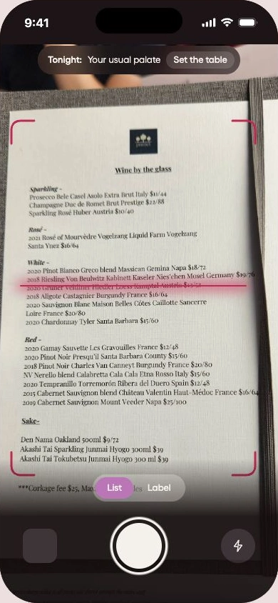 Swish camera with wine-list capture guidance