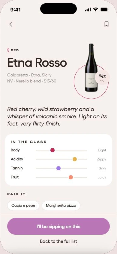 Current Swish wine detail, tasting scales, and pairing guidance