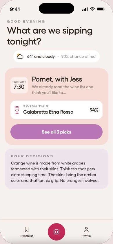 Current Swish home with tonight’s picks and wine guidance