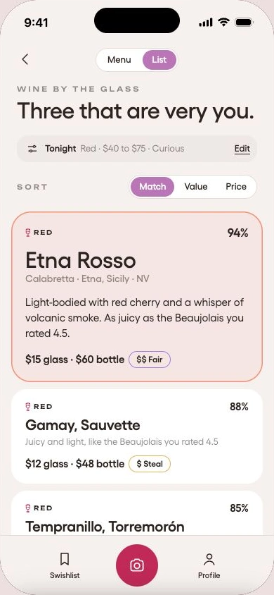 Current Swish wine recommendations with match, value, and price sorting