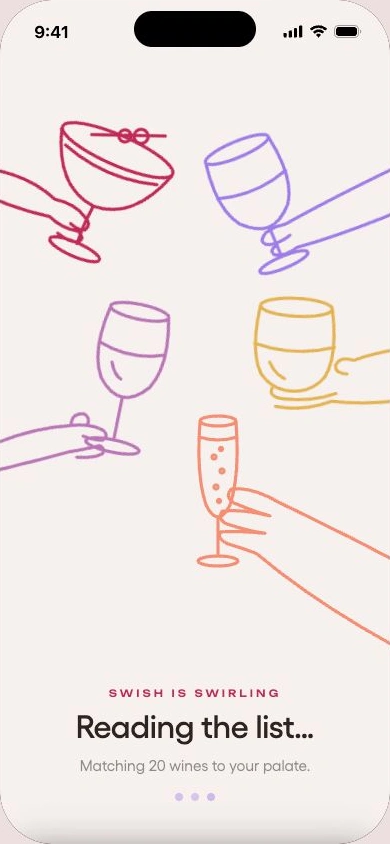 Swish loading screen with colorful line illustrations of hands raising glasses