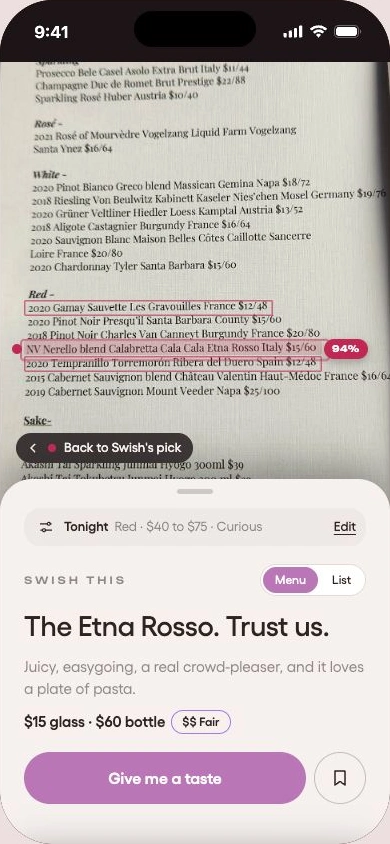 Current Swish recommendation directly on the wine list