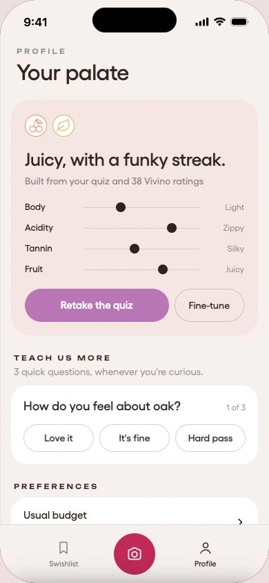 Current Swish profile and personal taste preferences