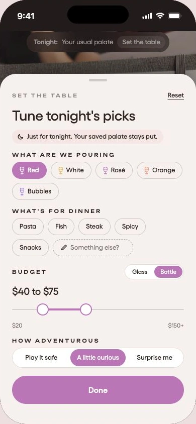 Swish settings for wine style, dinner, budget, and curiosity, with a purple Done button
