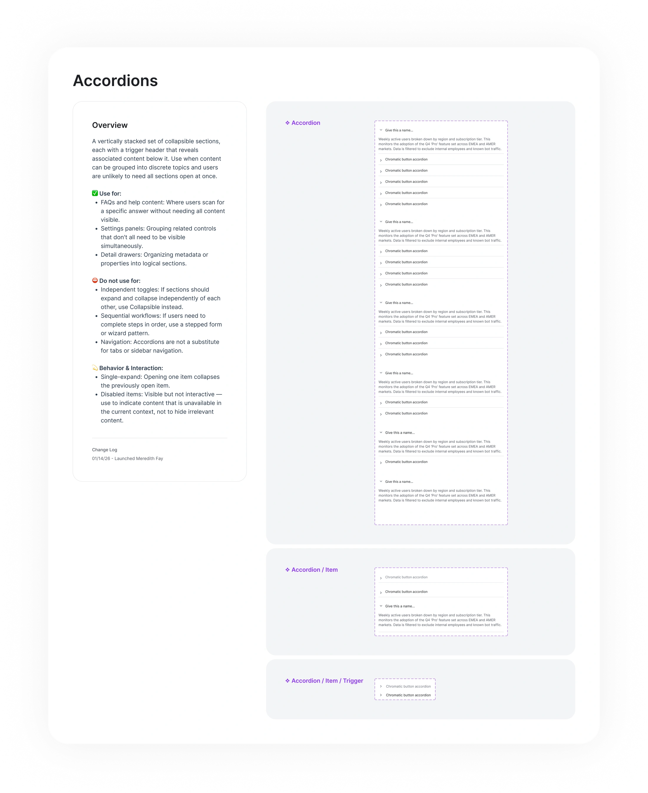Accordion documentation, component states, and behavior guidance