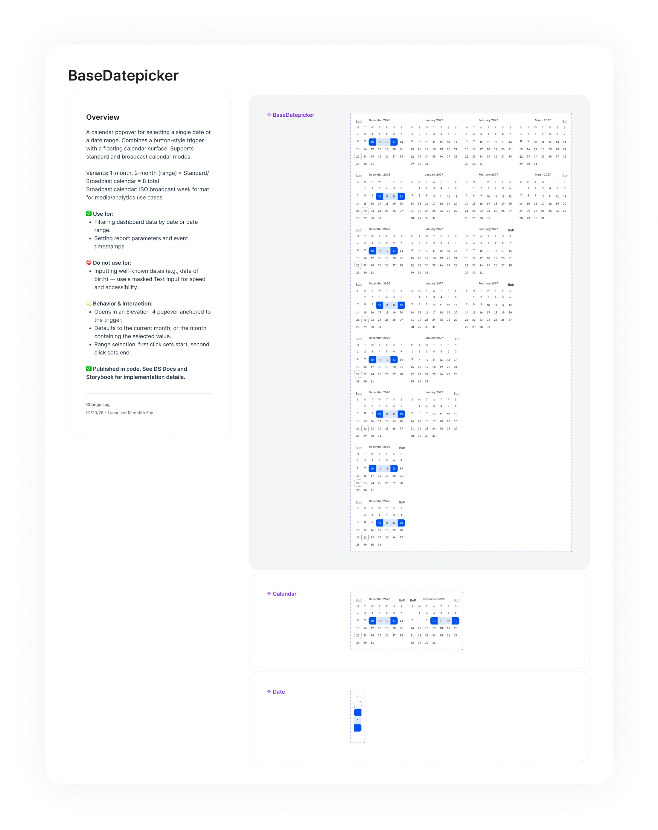 Datepicker documentation with single-date, range, and calendar variants