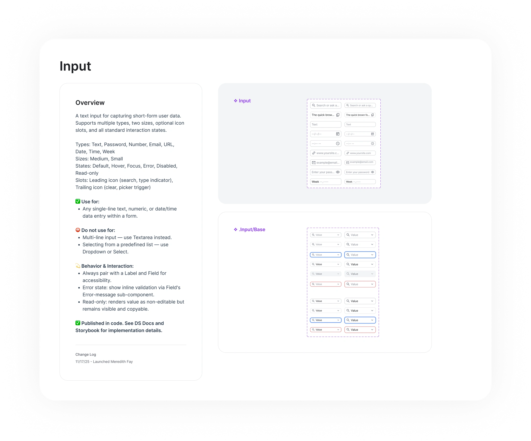Input documentation, variants, interaction states, and usage guidance