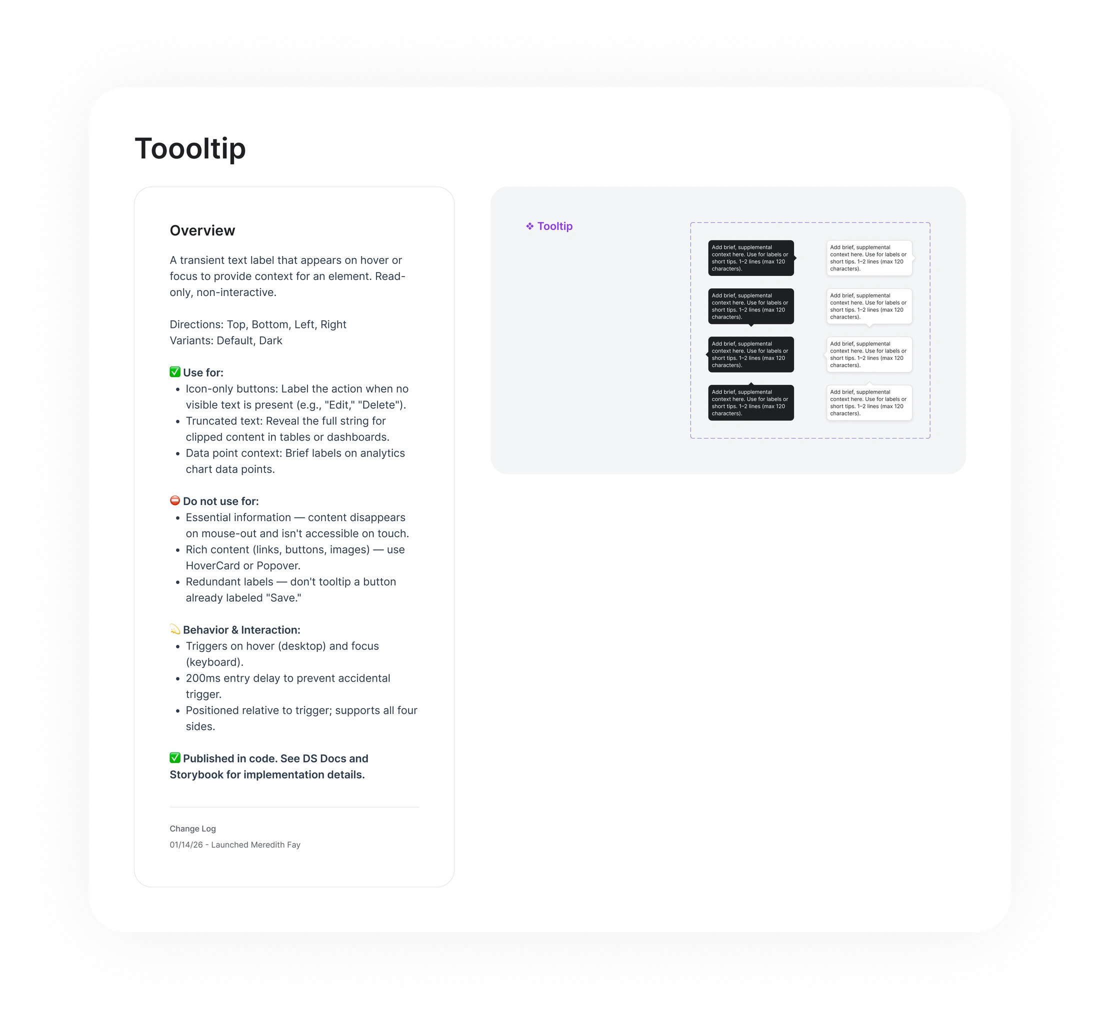 Tooltip documentation, placements, and usage guidance